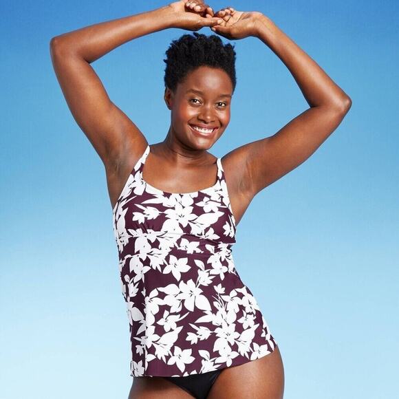 Kona Sol Women's Scoop Neck Adjustable Tankini Top Burgundy Floral Size XS (0-2) - Picture 1 of 6